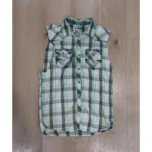 Mens Buckle BKE Vintage Green Plaid Sleeveless Cut Off Button Up Shirt Size M